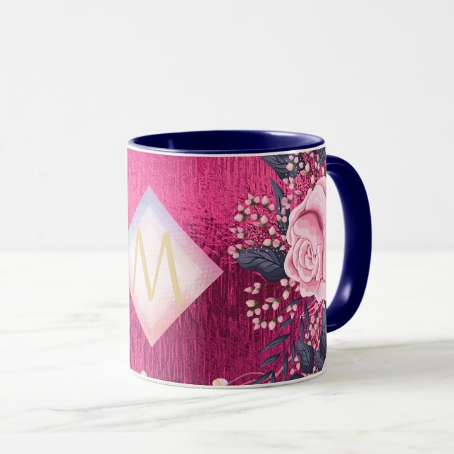 Monogram Metallisk Rosa Rosegold Navy Glitter Girl Mugg (Framsida höger)