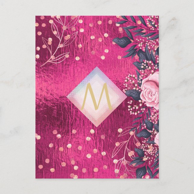 Monogram Metallisk Rosa Rosegold Navy Glitter Girl Vykort (Framsida)