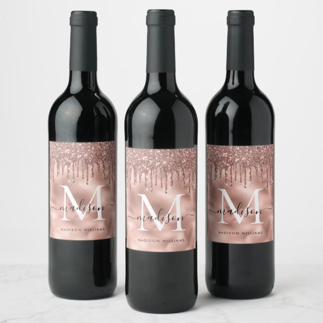 Monogram metallisk roséguld rosa glitterdroppar vinflaska etikett (Flaskor)