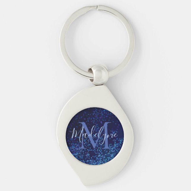 Monogram Midnite Blue Confetti Swirl Silverfärgad Nyckelring (Framsidan)