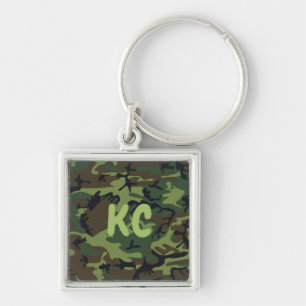 Monogram militär Grönt Camouflage Premium Square Fyrkantig Silverfärgad Nyckelring