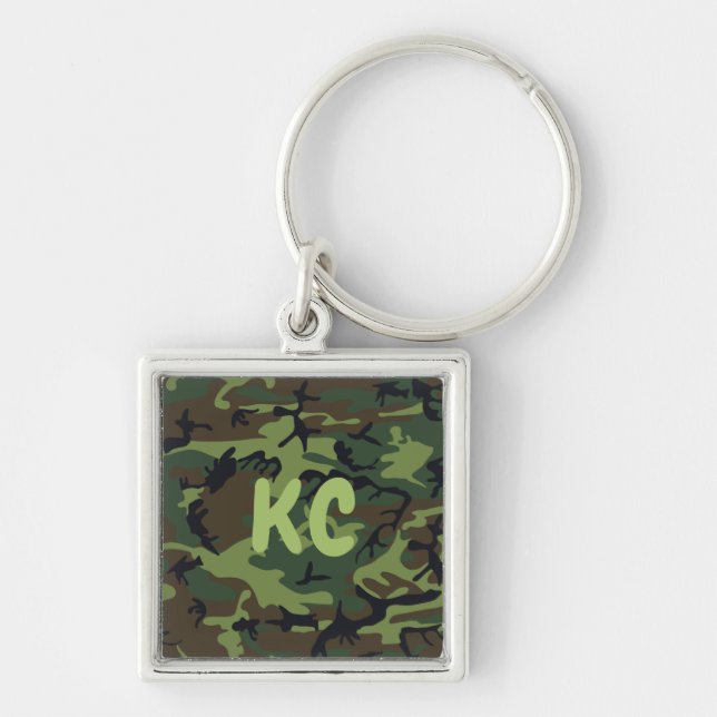 Monogram militär Grönt Camouflage Premium Square Fyrkantig Silverfärgad Nyckelring (Framsidan)