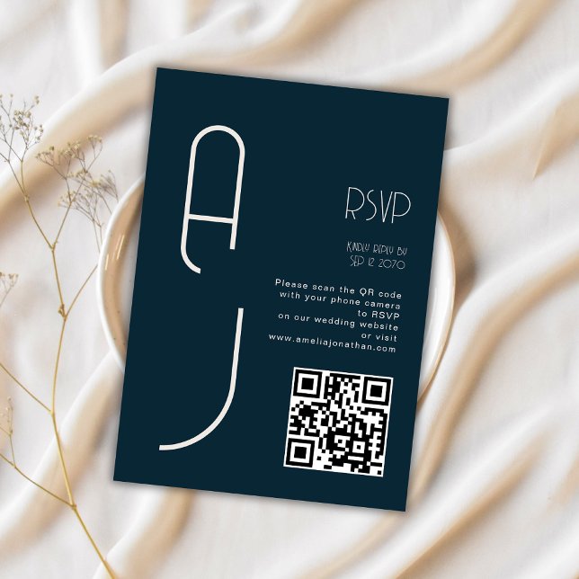 Monogram Minimal Bröllops-QR-kod Navy RSVP  OSA Kort (Skapare uppladdad)