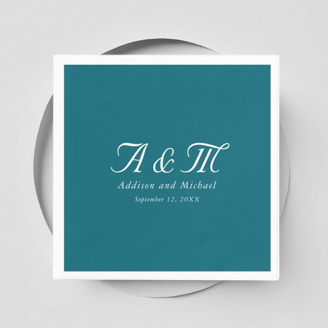 Monogram, minimal, Elegant, bensin, Bröllop Pappersservett (Monogram, Minimal, Elegant, Petrol, Wedding Napkins with your name and date.)
