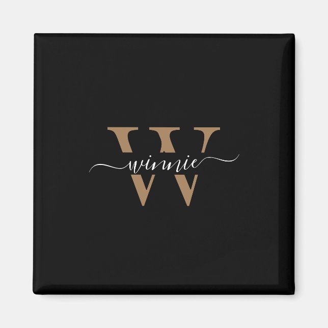 Monogram minimal Elegant, svart Guld-skript Namn Magnet (Framsidan)