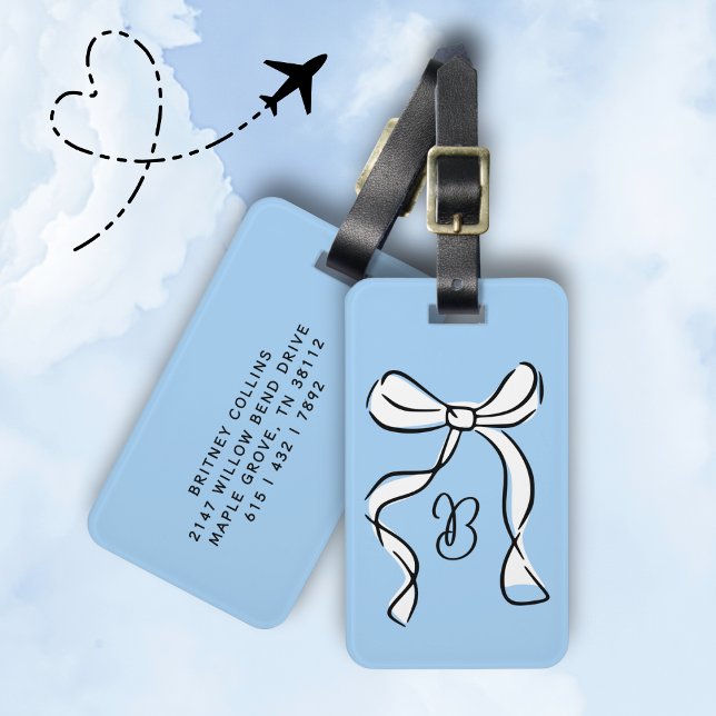 Monogram Minimal Script Coquette Bow Blå Bagagebricka (Sweet, chic, and ready to jet set ✈️)