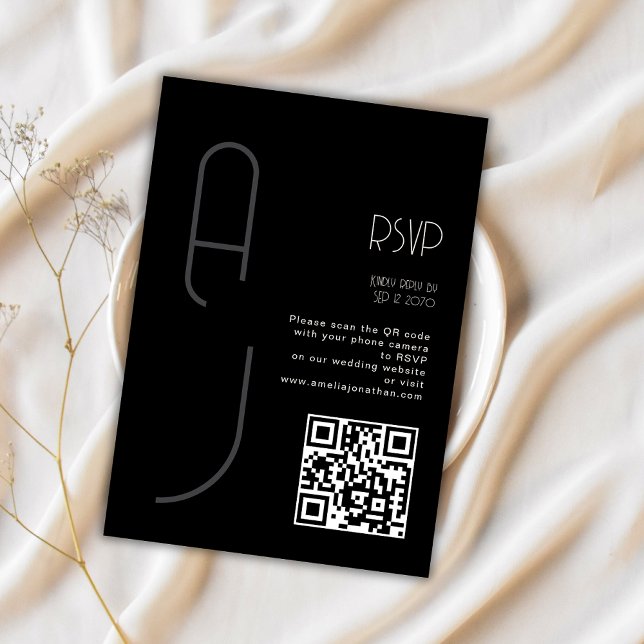 Monogram Minimal Wedding Qr Code Black RSVP  OSA Kort (Skapare uppladdad)