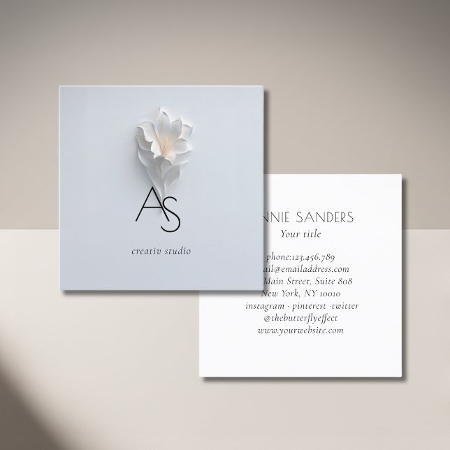 Monogram Minimalist Floral White Blue Fyrkantigt Visitkort (Elegant Minimalist Floral White Blue  Square Business Card)