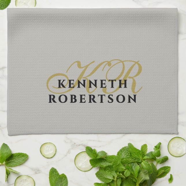 Monogram minimalist grå guld svart män neutral kökshandduk (Vikta)