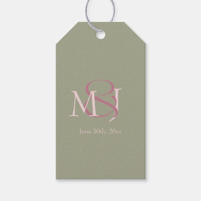 Monogram Minimalist Green Pink Mauve Wedding Presentetikett (Framsidan)