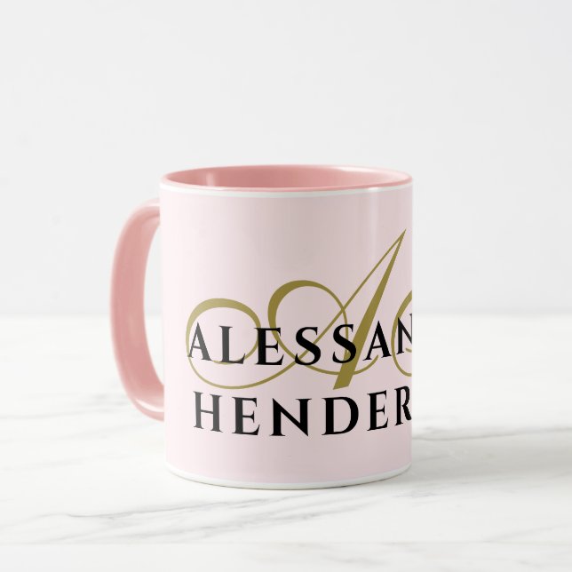 Monogram minimalist pastell rosa guld svart stilre mugg (Framsida vänster)