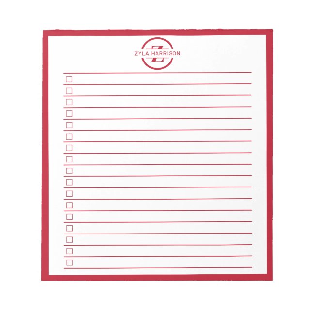 Monogram Minimalist Red Name To Do List Anteckningsblock (Framsida)