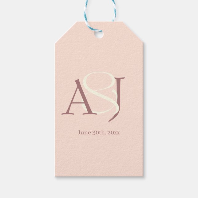 Monogram Minimalist Warm Pink & Mauve Wedding Presentetikett (Framsidan)