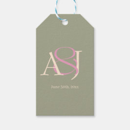 Monogram Minimalistisk Bröllop i Salvia Grön & Ros Presentetikett