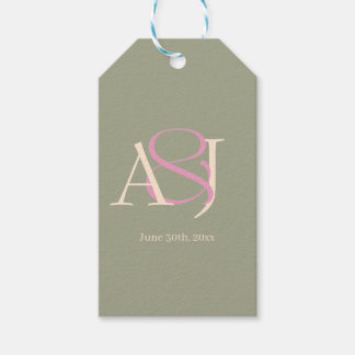 Monogram Minimalistisk Bröllop i Salvia Grön & Ros Presentetikett