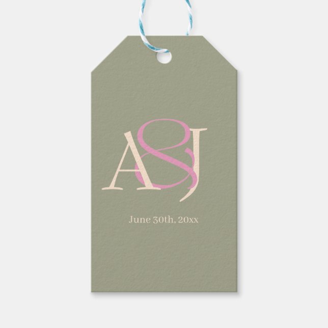 Monogram Minimalistisk Bröllop i Salvia Grön & Ros Presentetikett (Framsidan)