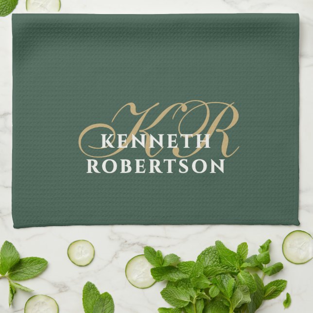  Monogram minimalistisk grön guld vit snygg herr  Kökshandduk (Vikta)