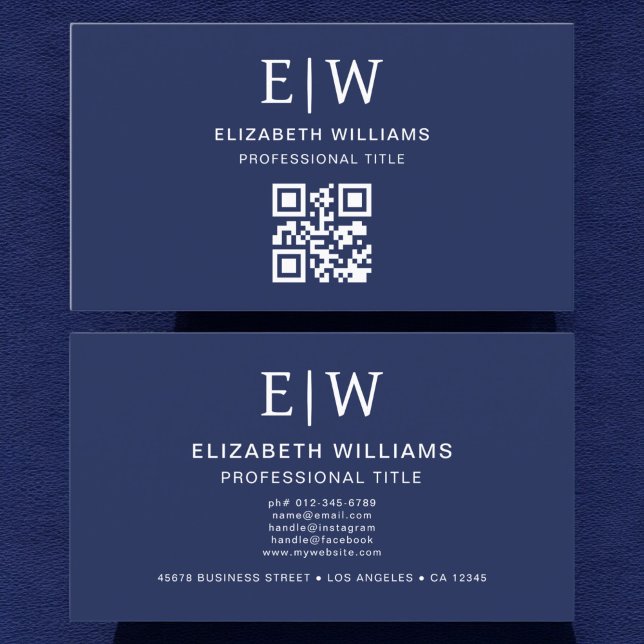 Monogram - minimalistisk Navy Blue QR-kod Visitkort (Skapare uppladdad)