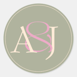 Monogram Minimalistisk Sälggrön & Rosapink Bröllop Runt Klistermärke