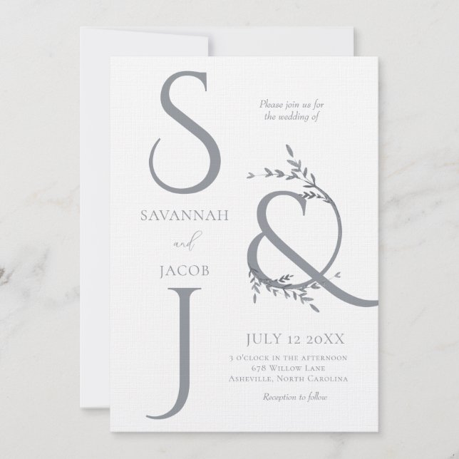 Monogram minimalistisk vit & Silver Modern Bröllop Inbjudningar (Framsida)