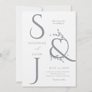 Monogram minimalistisk vit & Silver Modern Bröllop Inbjudningar