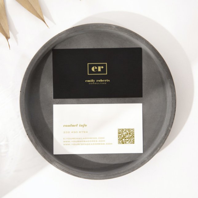 Monogram minimalistiskt svart Linen Guld-typografi Visitkort (Skapare uppladdad)