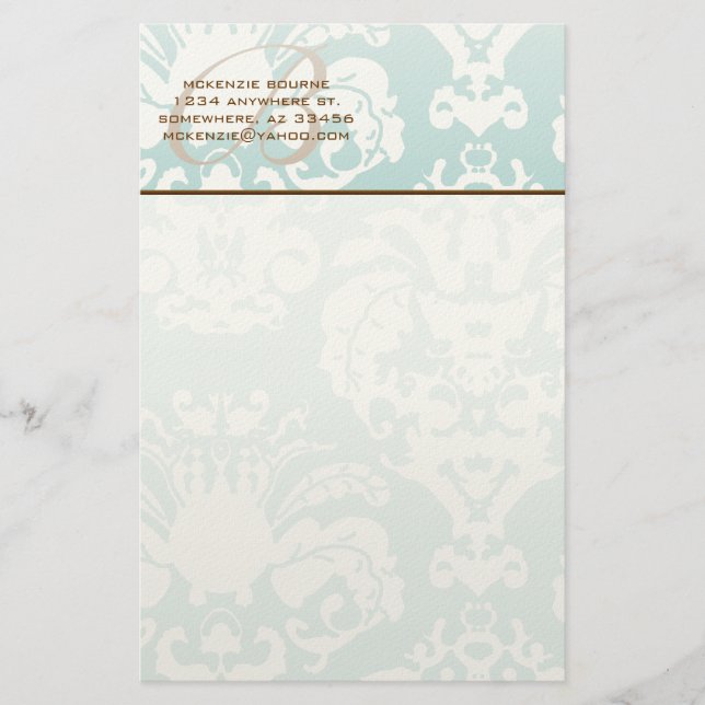 Monogram Mint Blommigt Stationery Brevpapper (Framsida)