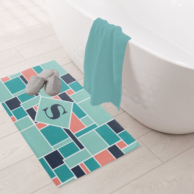 Monogram Mint Grönt Coral Geometric Art Badrumsmatta (Skapare uppladdad)