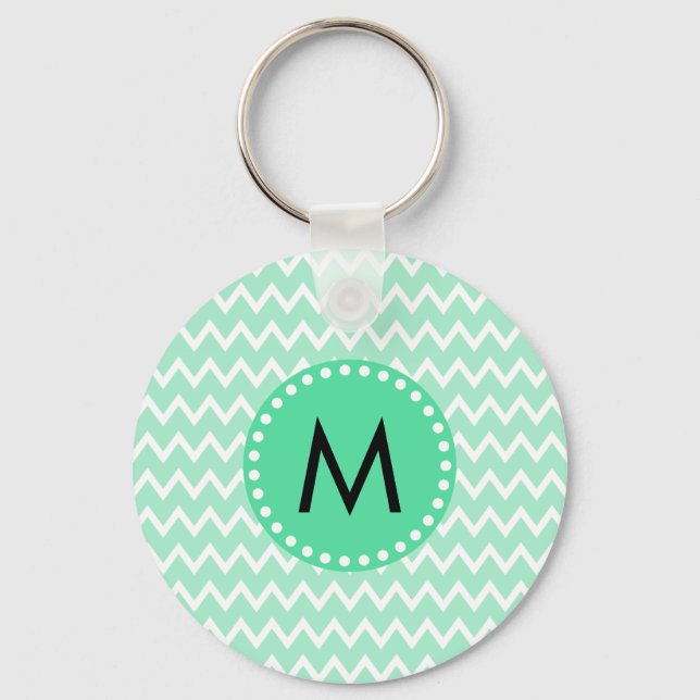 Monogram Mint Grönt och White Chevron Mönster Nyckelring (Framsida)