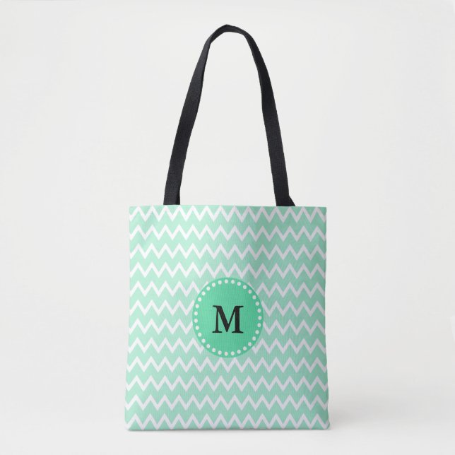 Monogram Mint Grönt och White Chevron Mönster Tygkasse (Framsida)