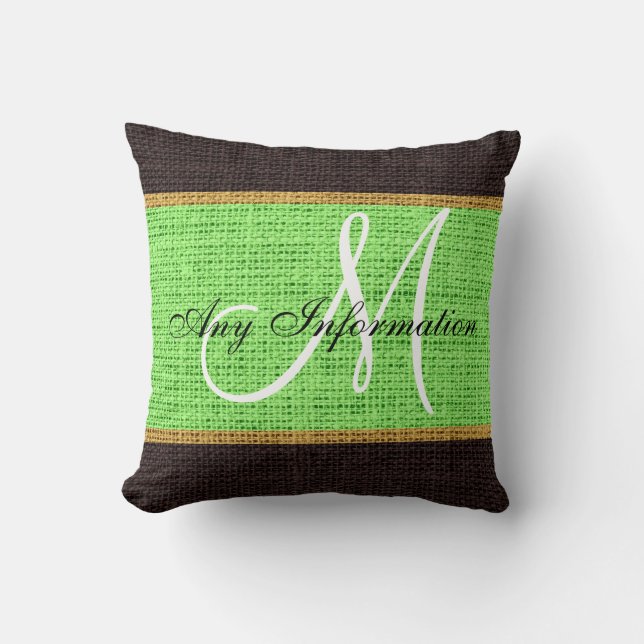 Monogram Mint grönt Rustic Burlap Jute Kudde (Framsida)