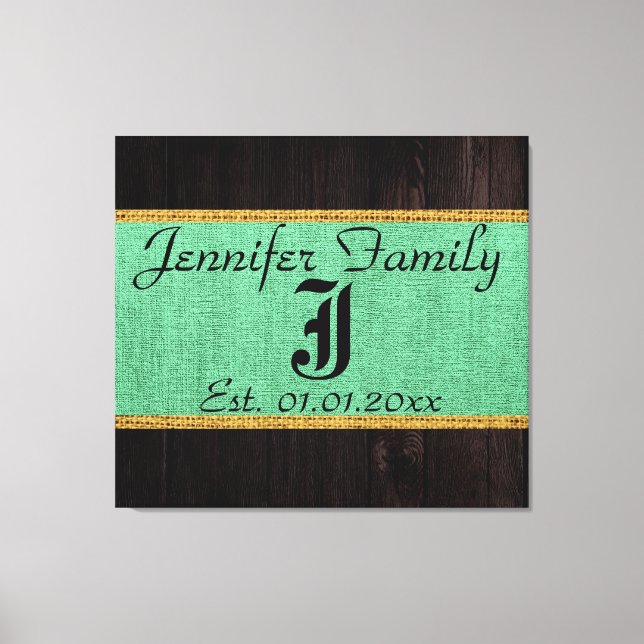Monogram Mint Rustic Burlap Linen Wood-utseende Canvastryck (Framsida)