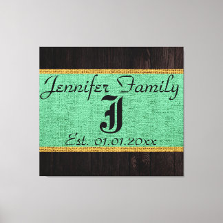 Monogram Mint Rustic Burlap Linen Wood-utseende Canvastryck
