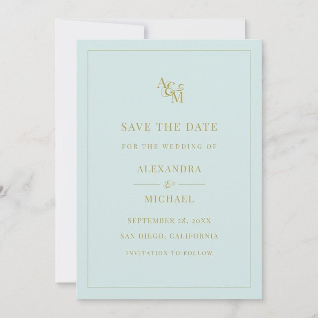 Monogram Mint Turcos Simple Modern Bröllop Spara Datumet (Framsida)