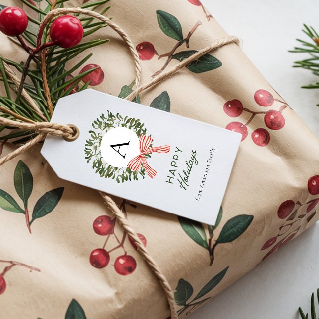Monogram Misteltoe Glad Jul Krans Röd Slinga Presentetikett (Skapare uppladdad)
