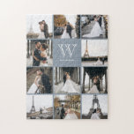 Monogram Modern 9 Photo Collage Dusty Blue Pussel<br><div class="desc">Lägg till 11 foton av familjen eller bröllopsdagen och lägg till anpassningsbarnas monogram. Alla kommer att få roligt att sätta ihop det här pusslet.</div>