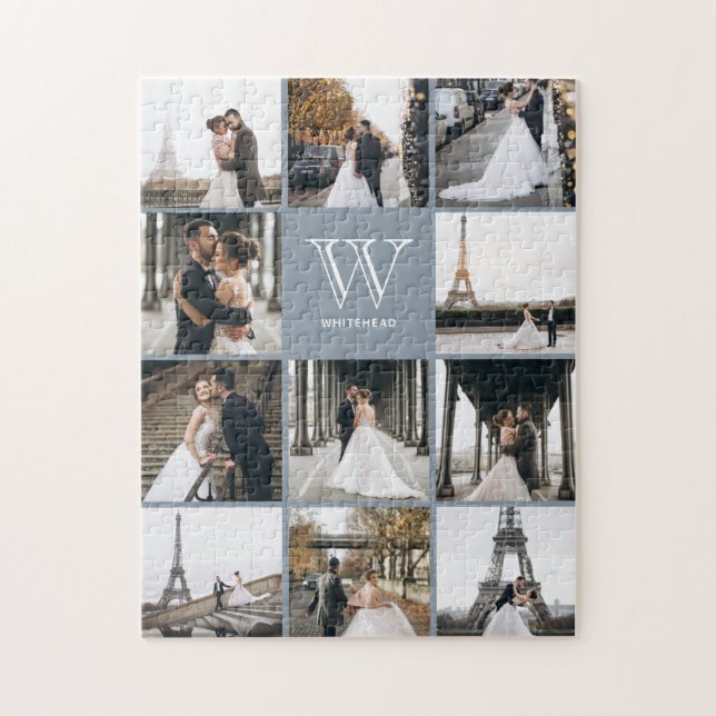 Monogram Modern 9 Photo Collage Dusty Blue Pussel (Vertikal)