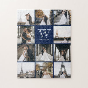 Monogram Modern 9 Photo Collage Navy Blue Pussel
