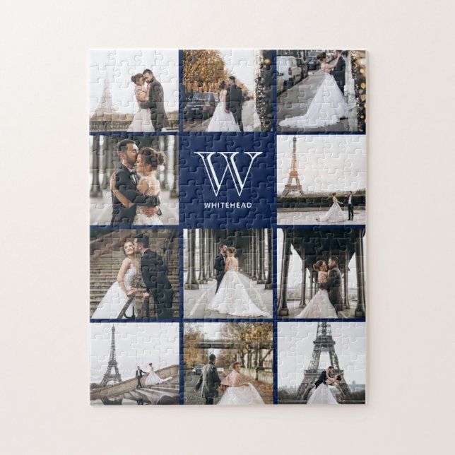 Monogram Modern 9 Photo Collage Navy Blue Pussel (Vertikal)