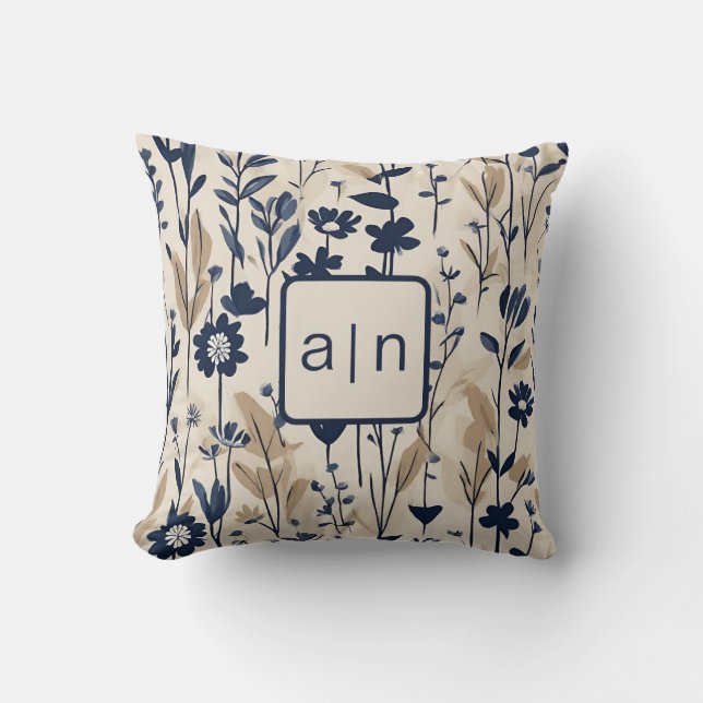 Monogram Modern Blå Blommig  Kudde (Framsida)