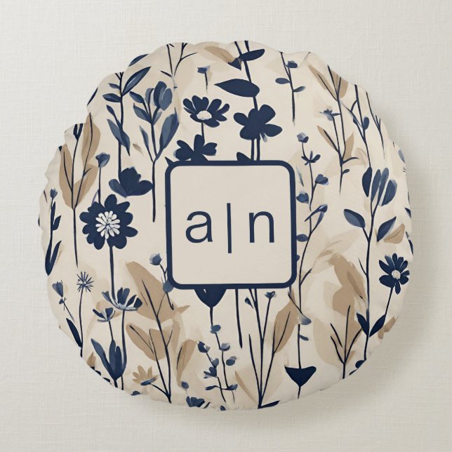 Monogram Modern Blå Blommig  Rund Kudde (Framsidan)