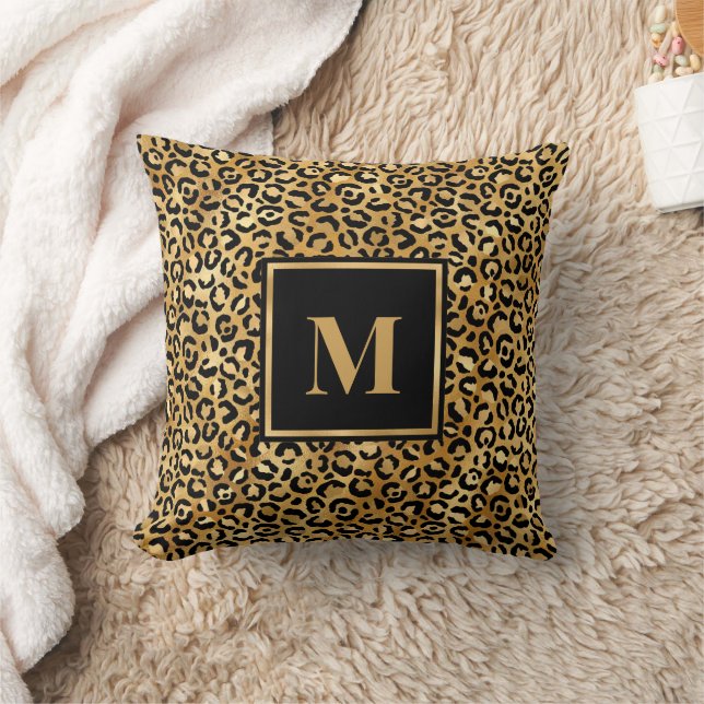 Monogram Modern Black Guld Leopard Skriv ut Kudde (Filt)