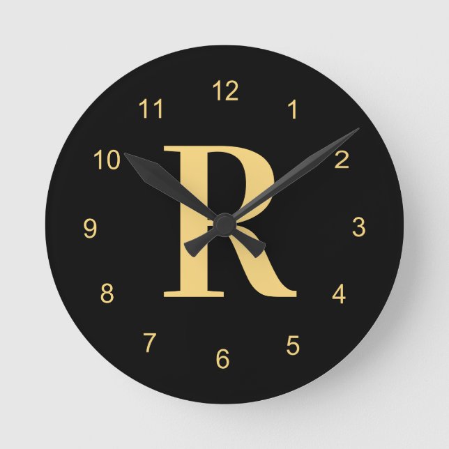 Monogram Modern Black Guld Rund Klocka (Framsida)