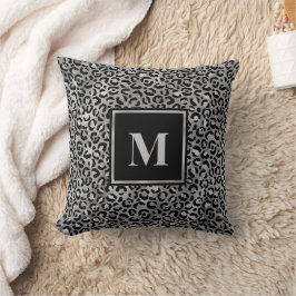 Monogram Modern Black Silver Grått Leopard Skriv u Kudde