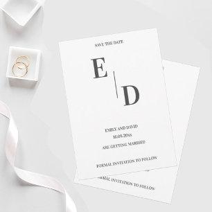 Monogram Modern Black White Bröllop spara datum Meddelande