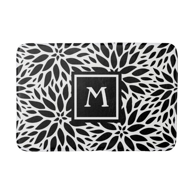 Monogram Modern Black & White Dahlias Bath Mat Badrumsmatta (Framsidan)