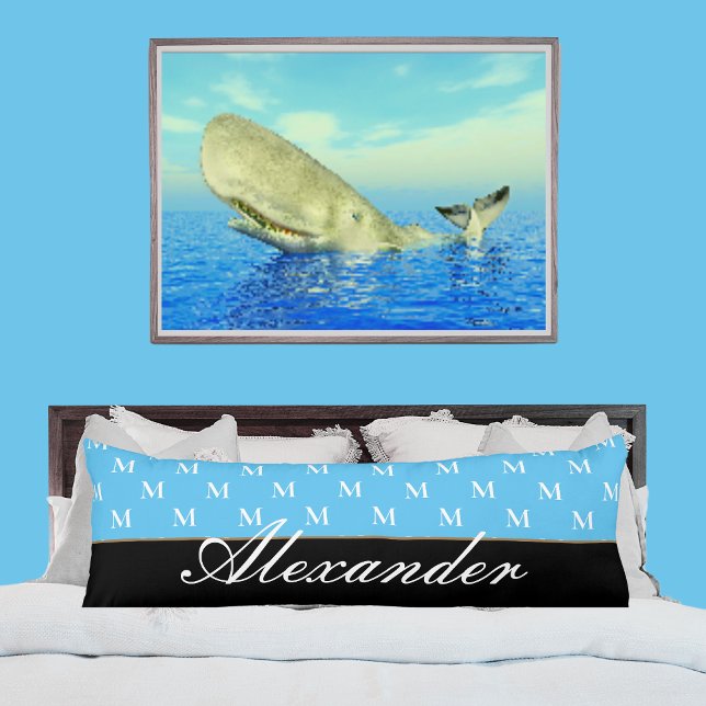 Monogram Modern Black White Light Blue Kroppskudde (Skapare uppladdad)