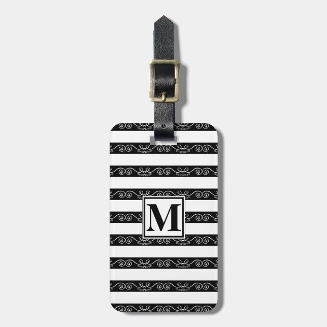 Monogram modern Black White-randig Bagagebricka (Vertikal Framsida)