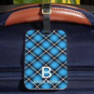 Monogram Modern Blue Black Play Mönster Tartan Bagagebricka