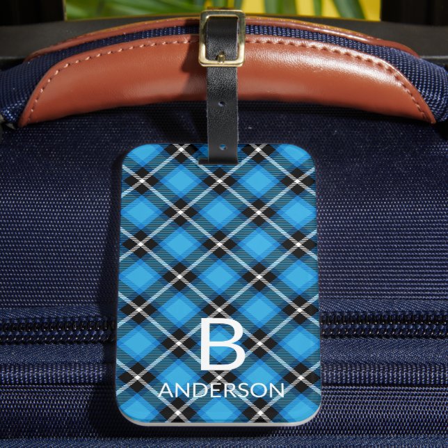 Monogram Modern Blue Black Play Mönster | Tartan Bagagebricka (Framsida Insitu 2)